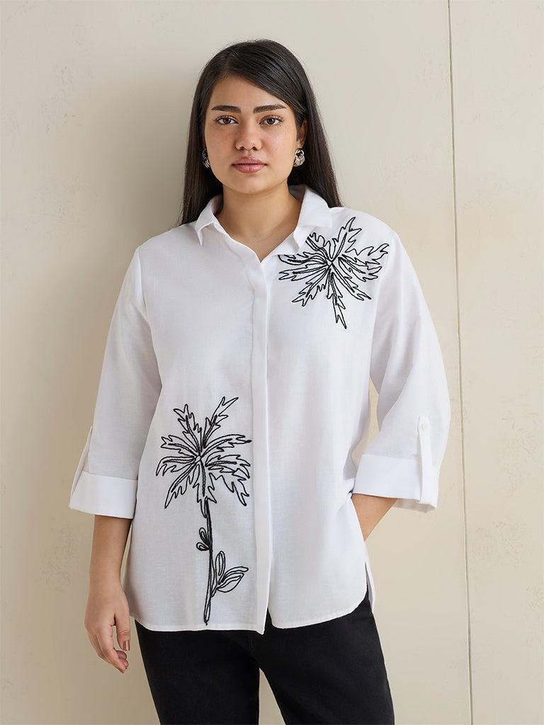 Gia White Floral Embroidered Shirt