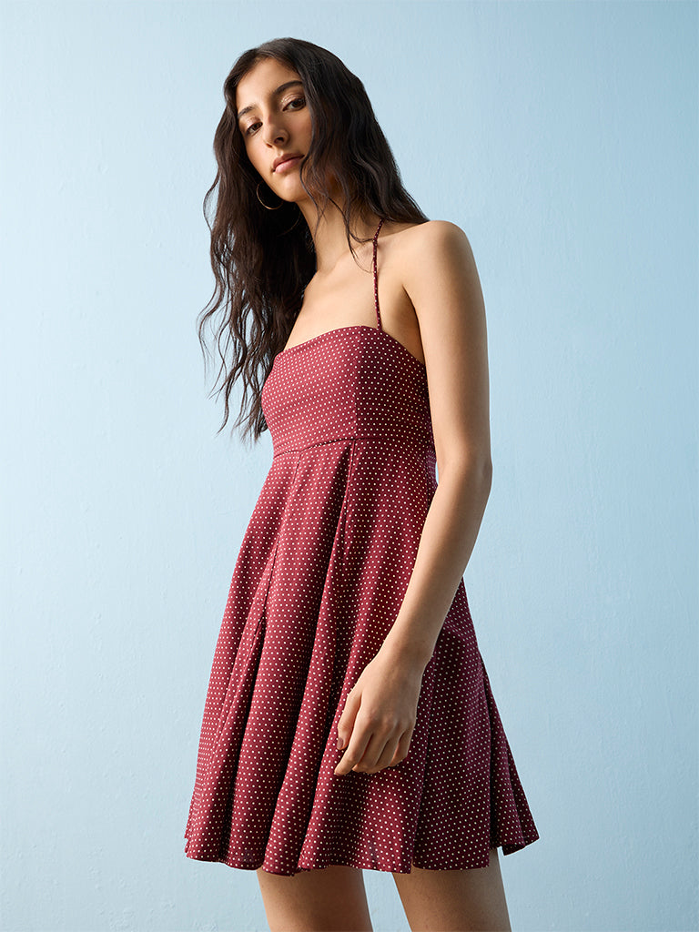 Nuon Burgundy Polka-Dot Printed A-Line Dress