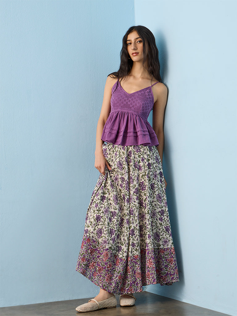 Bombay Paisley Purple Floral Pattern High-Rise Cotton-Blend Skirt