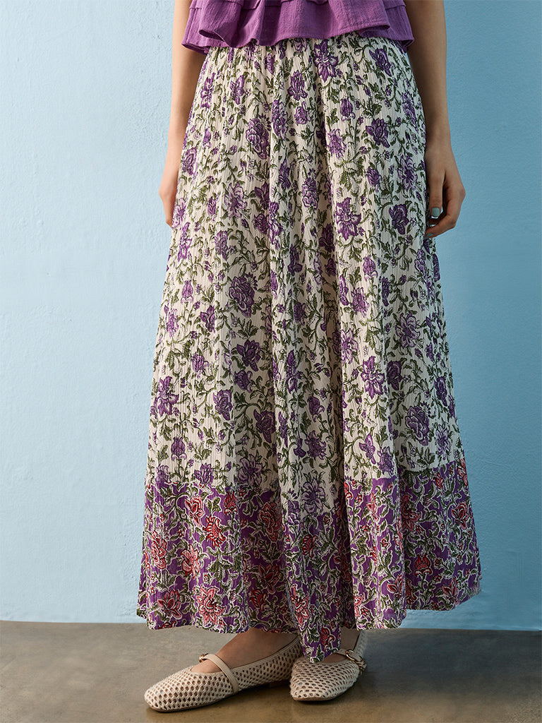 Bombay Paisley Purple Floral Pattern High-Rise Cotton-Blend Skirt