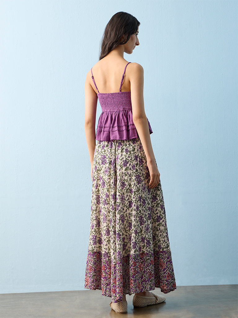 Bombay Paisley Purple Floral Pattern High-Rise Cotton-Blend Skirt
