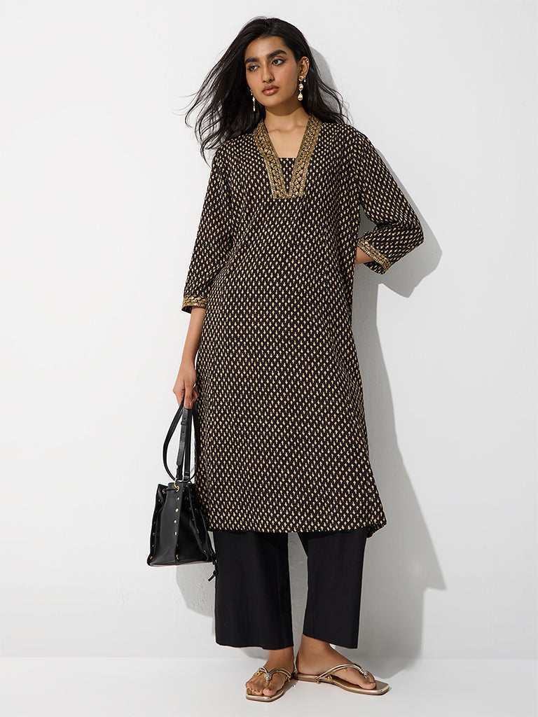 Utsa Black Printed A-Line Kurta