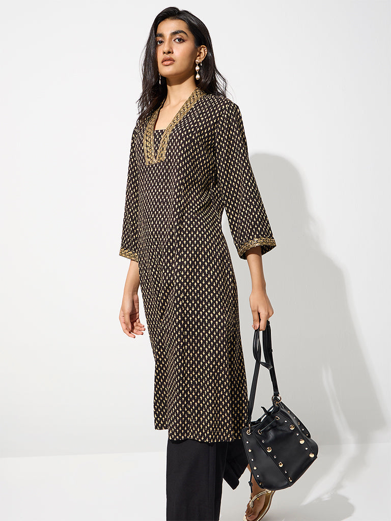 Utsa Black Printed A-Line Kurta
