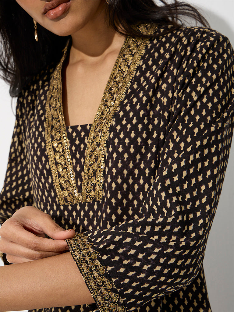 Utsa Black Printed A-Line Kurta