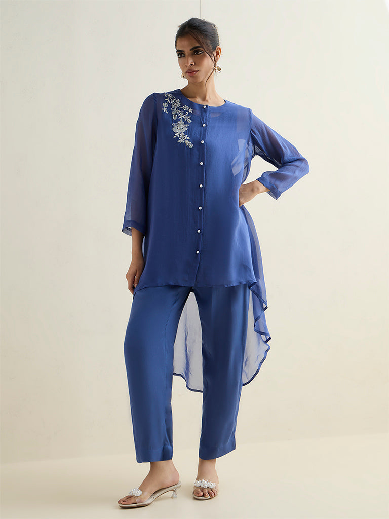 Vark Blue Floral Embroidered High-Low Co-ord Set