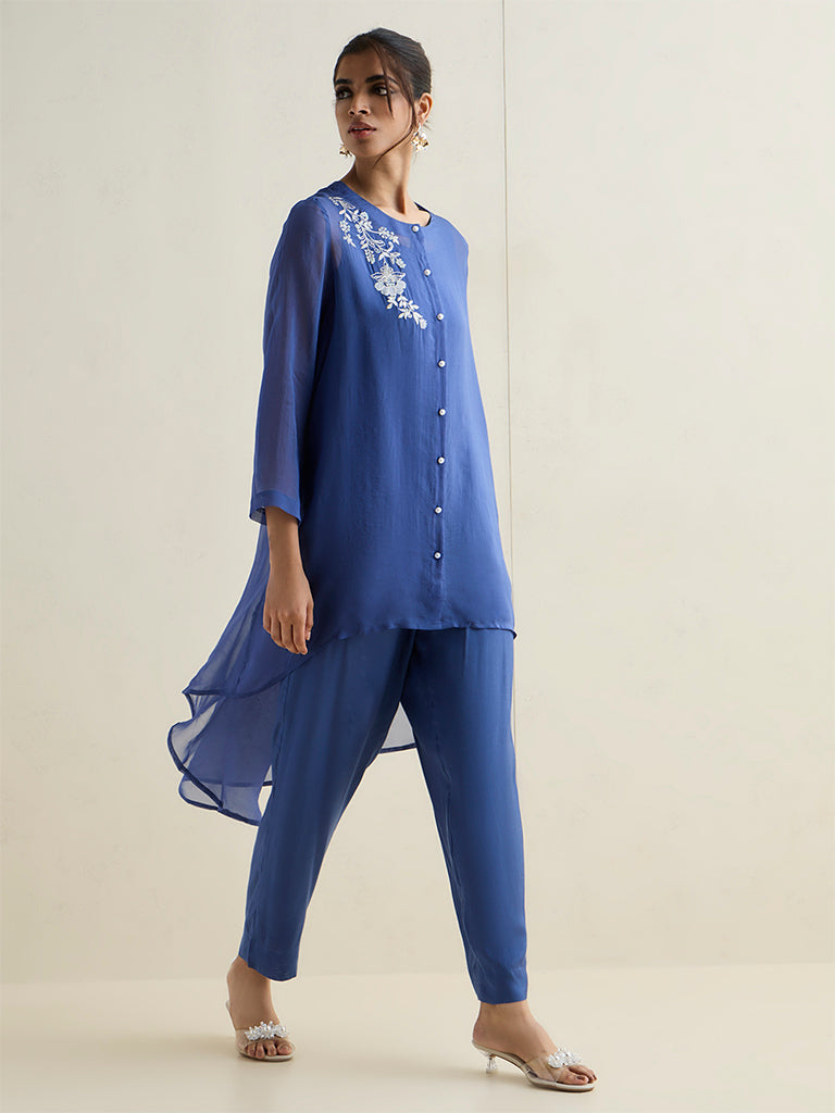 Vark Blue Floral Embroidered High-Low Co-ord Set