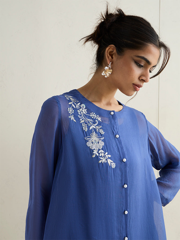 Vark Blue Floral Embroidered High-Low Co-ord Set
