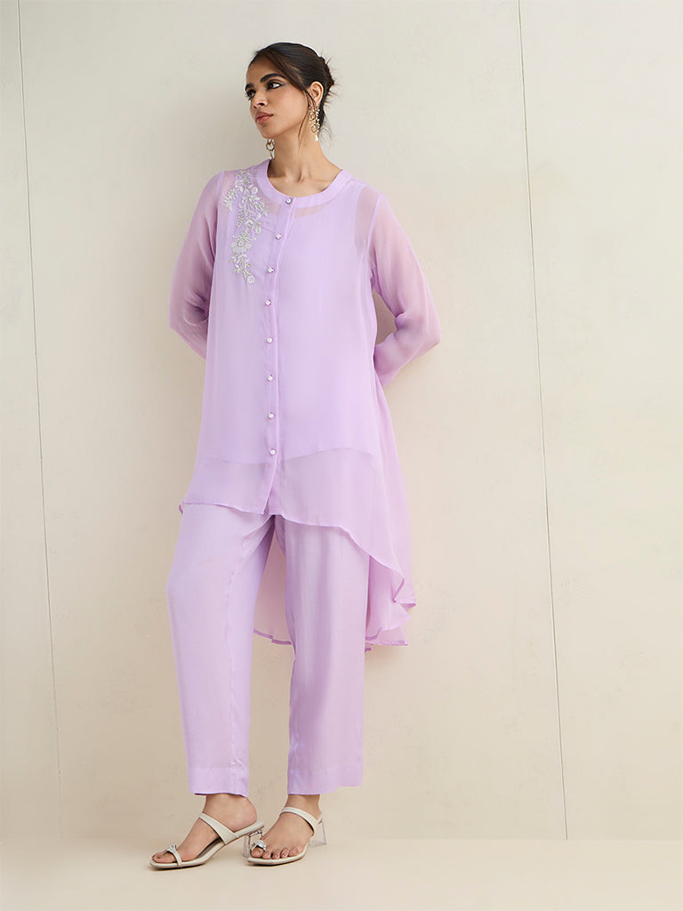 Vark Lilac Floral Embroidered High-Low Co-ord Set