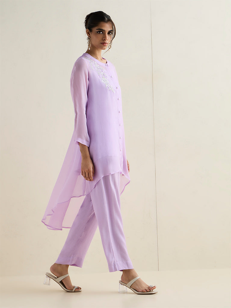 Vark Lilac Floral Embroidered High-Low Co-ord Set