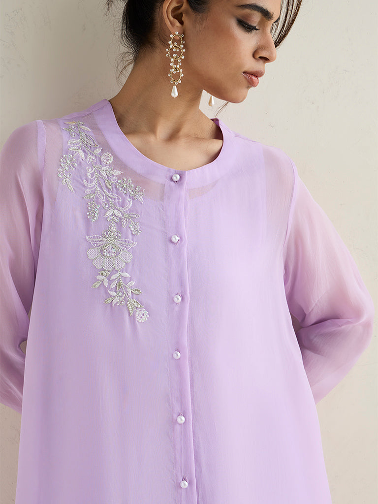 Vark Lilac Floral Embroidered High-Low Co-ord Set