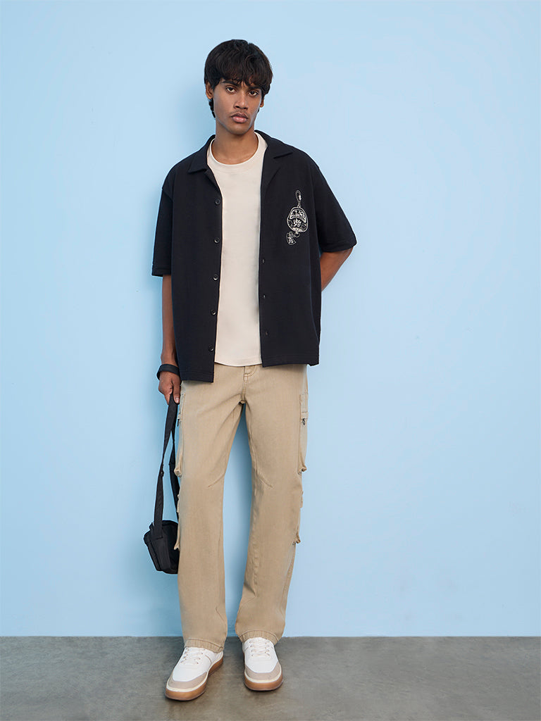 Nuon Black Graphic Embroidered Relaxed-Fit Cotton Shirt