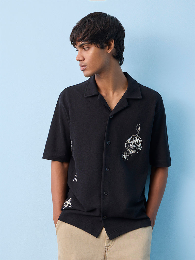 Nuon Black Graphic Embroidered Relaxed-Fit Cotton Shirt