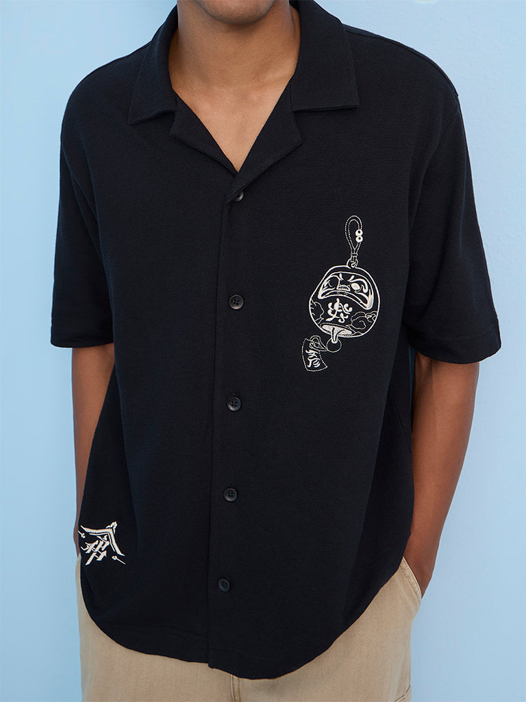 Nuon Black Graphic Embroidered Relaxed-Fit Cotton Shirt