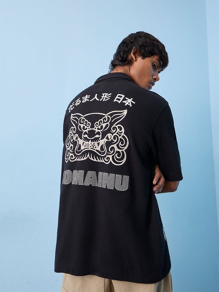 Nuon Black Graphic Embroidered Relaxed-Fit Cotton Shirt