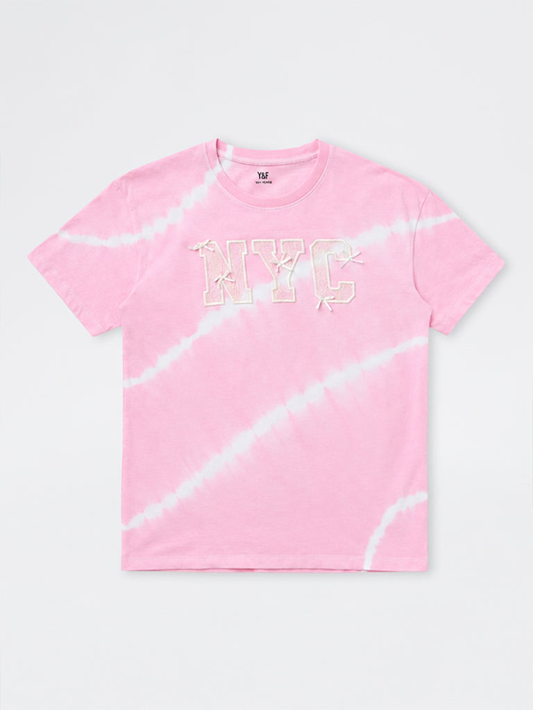 Girls Pink Tie-Dye Printed Cotton T-Shirt