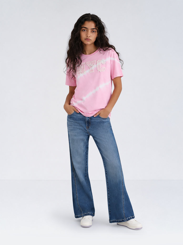 Girls Pink Tie-Dye Printed Cotton T-Shirt