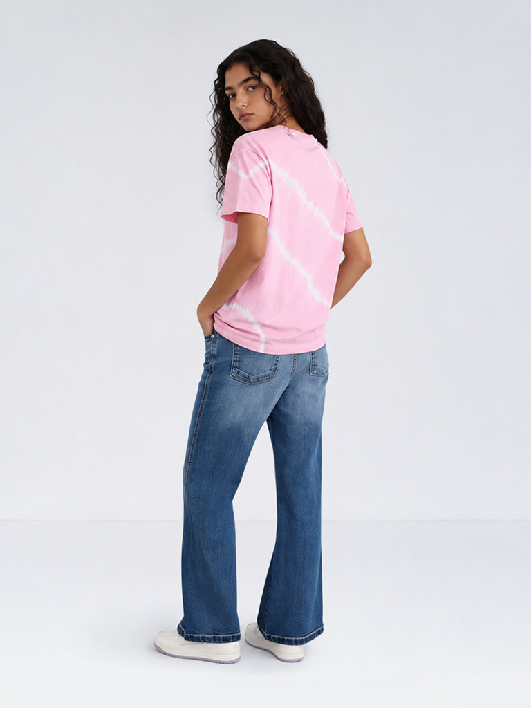 Girls Pink Tie-Dye Printed Cotton T-Shirt