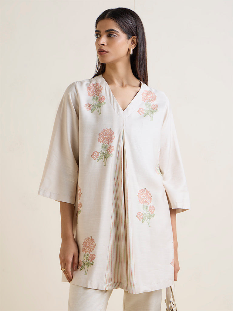 Zuba Off-White Floral Pattern Silk-Blend Tunic