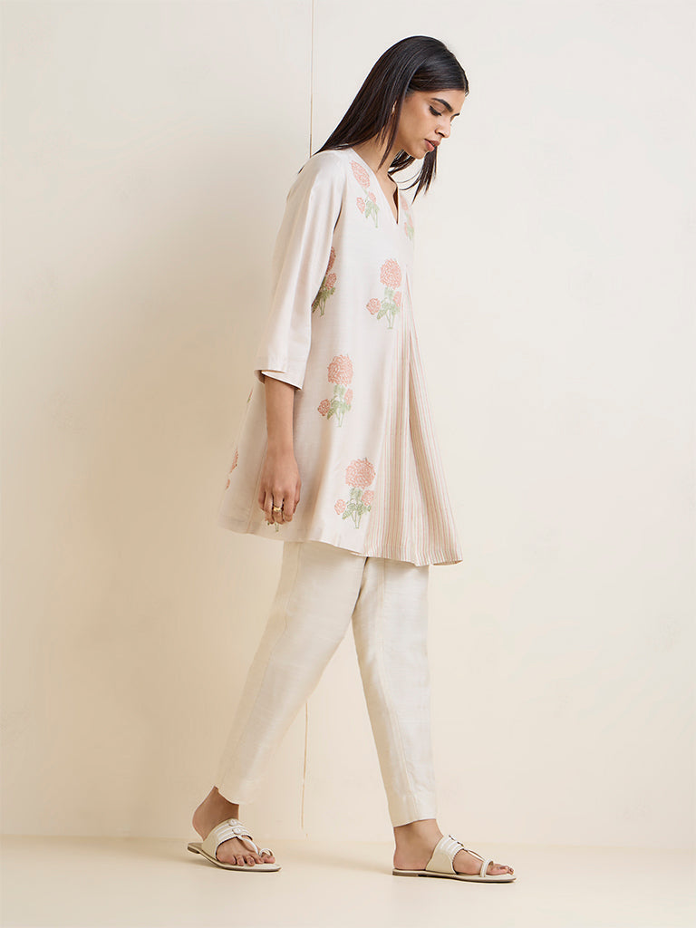 Zuba Off-White Floral Pattern Silk-Blend Tunic