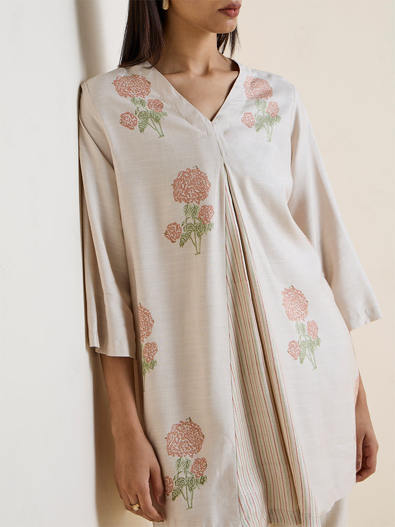 Zuba Off-White Floral Pattern Silk-Blend Tunic