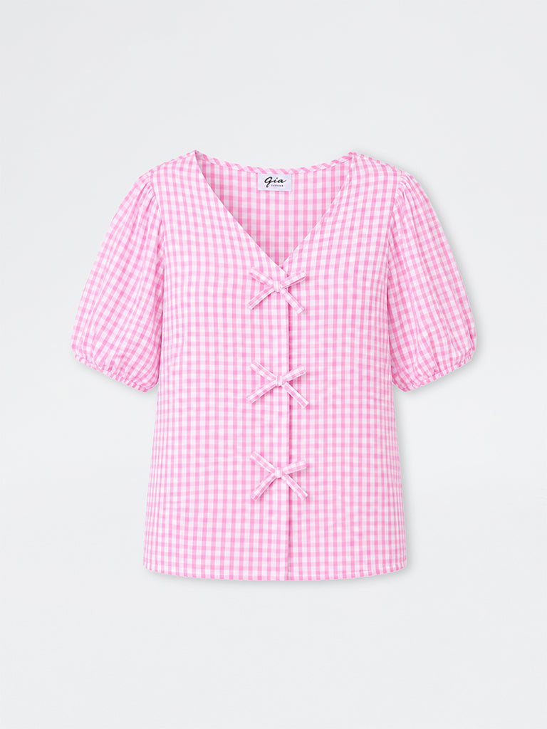Gia Pink and White Gingham Checkered Bow-Front Cotton Top