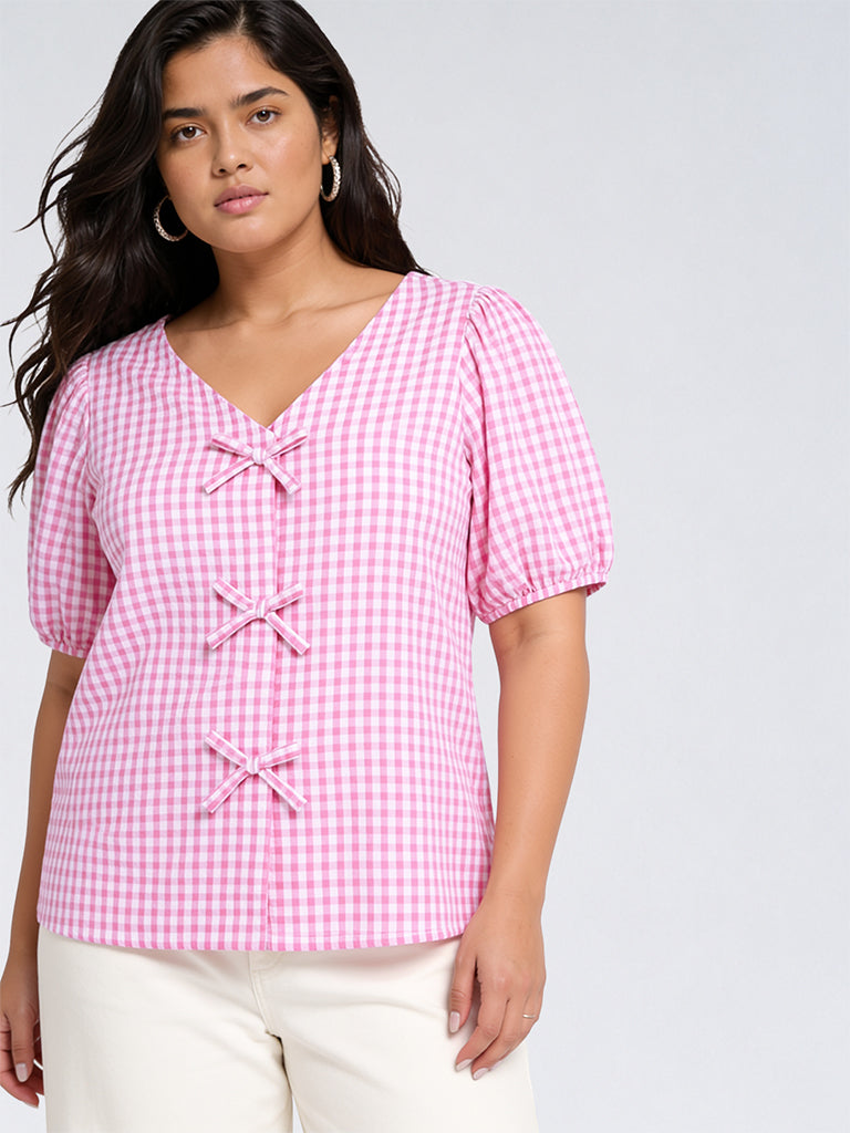 Gia Pink and White Gingham Checkered Bow-Front Cotton Top