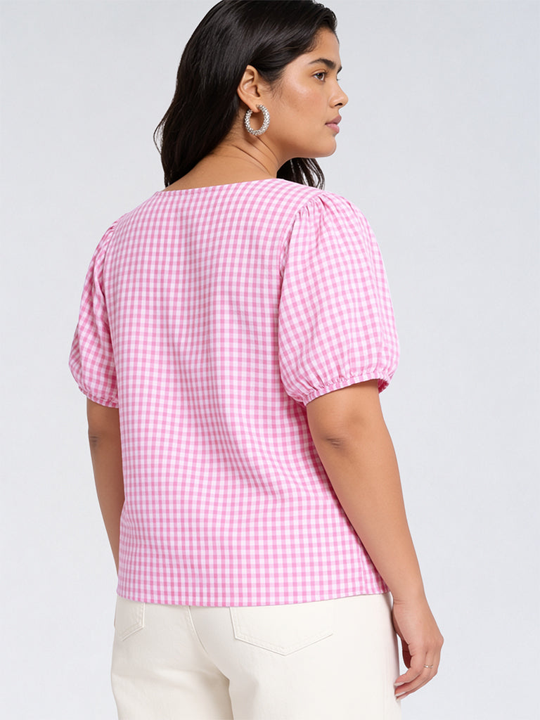 Gia Pink and White Gingham Checkered Bow-Front Cotton Top