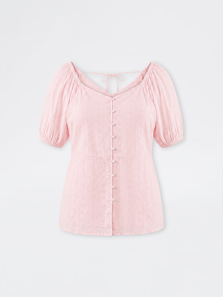 Gia Light Pink Schiffli Embroidered Cotton Blouse