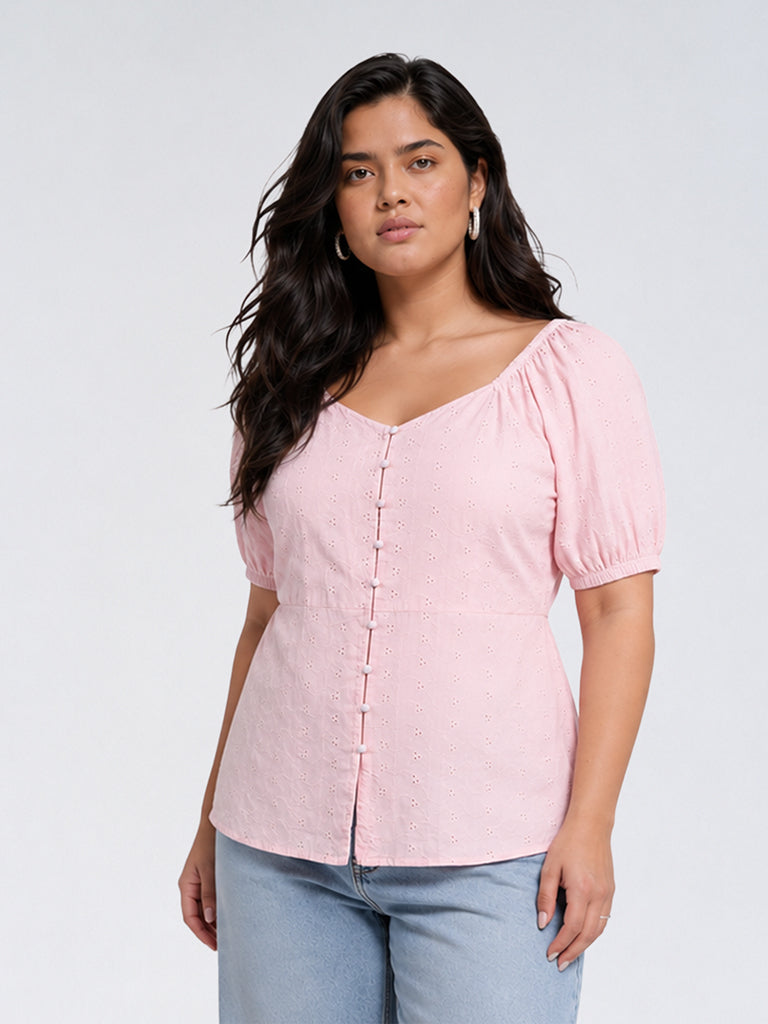 Gia Light Pink Schiffli Embroidered Cotton Blouse