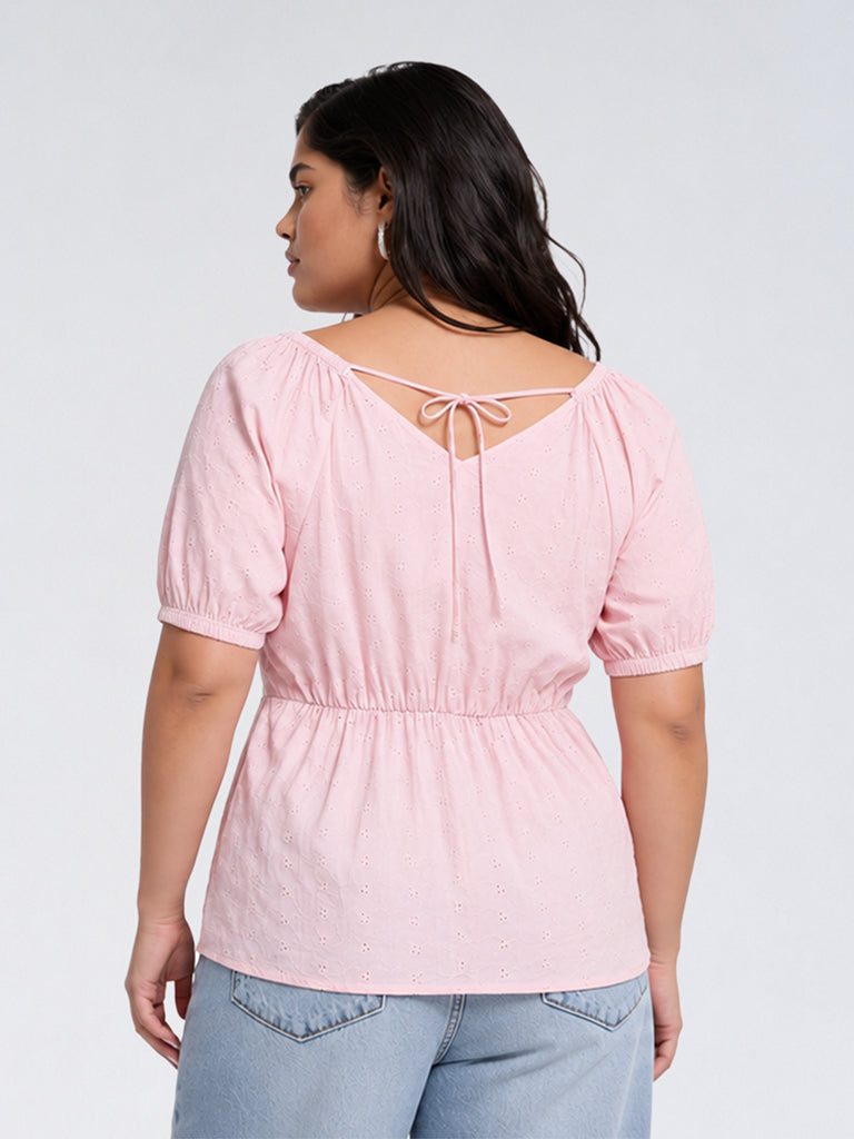 Gia Light Pink Schiffli Embroidered Cotton Blouse