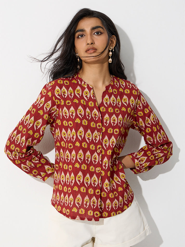 Utsa Red Floral Pattern Cotton Tunic