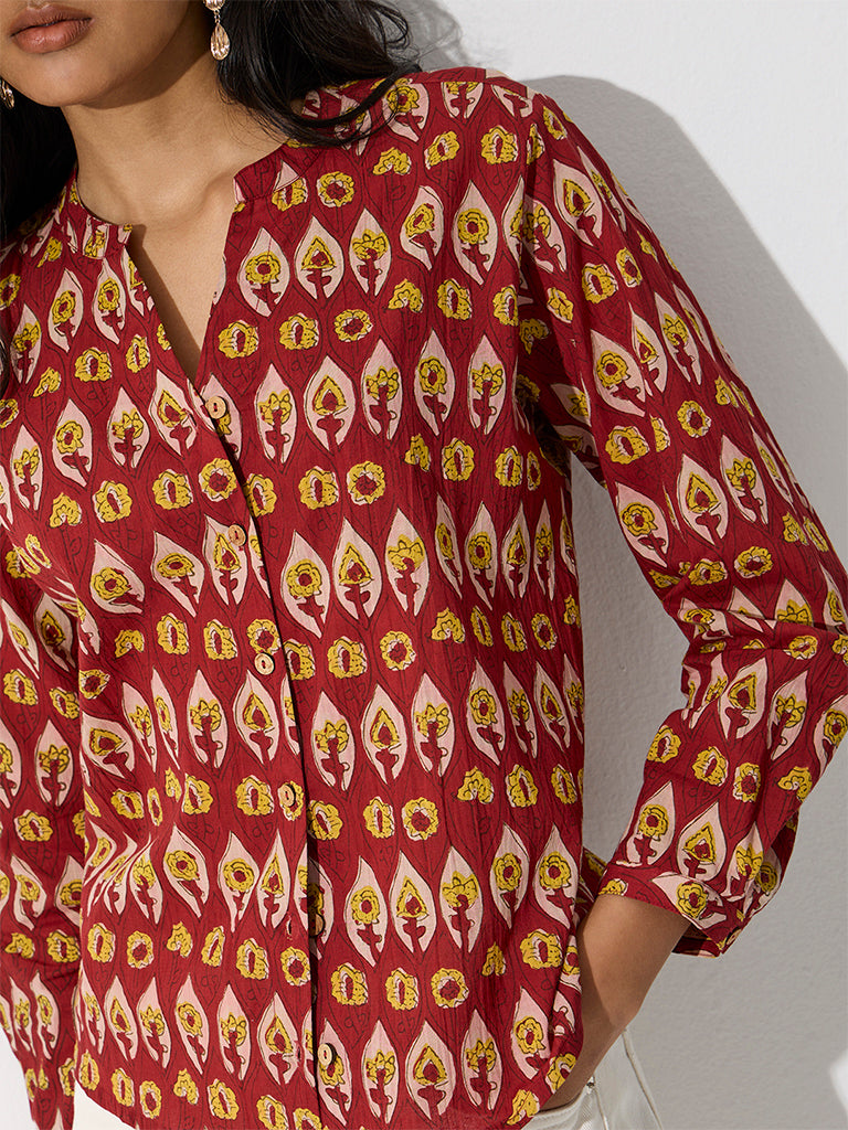 Utsa Red Floral Pattern Cotton Tunic