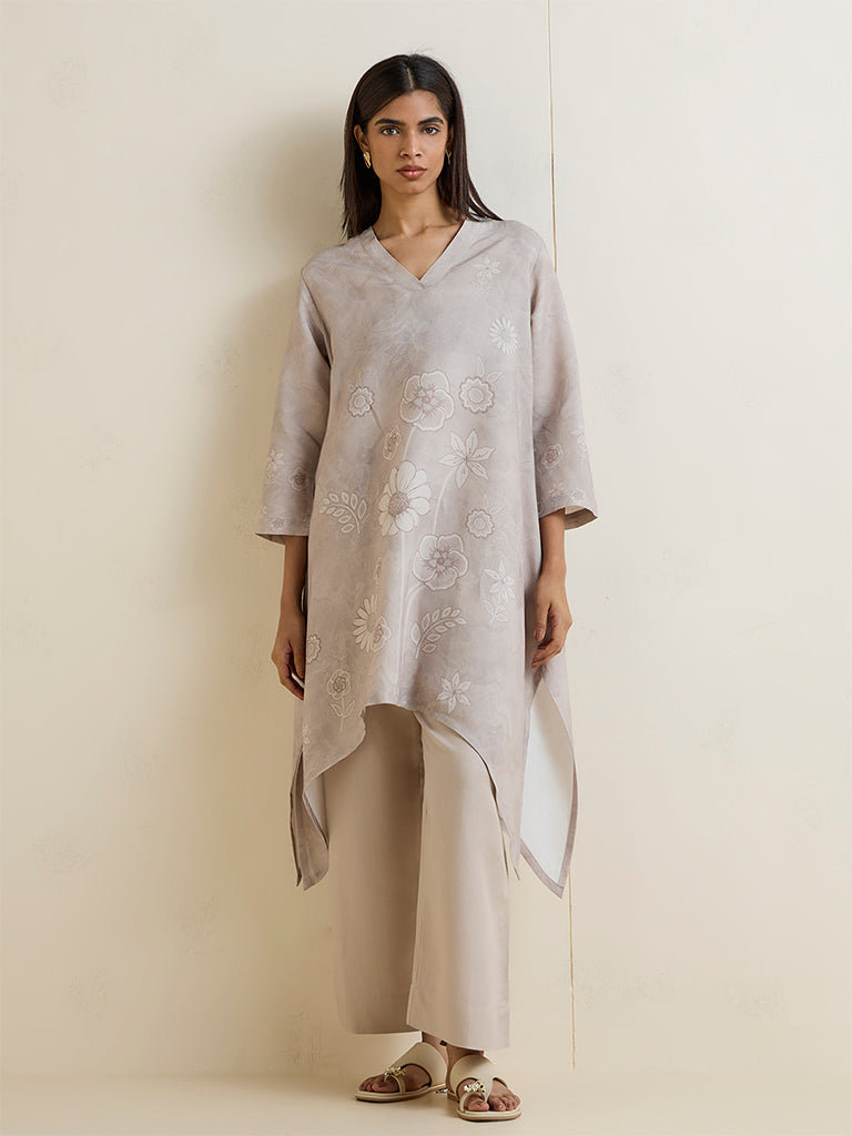 Zuba Light Beige Floral Printed A-Line Kurta