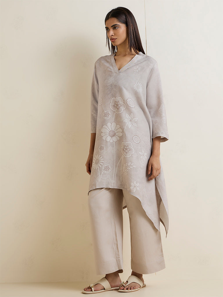 Zuba Light Beige Floral Printed A-Line Kurta