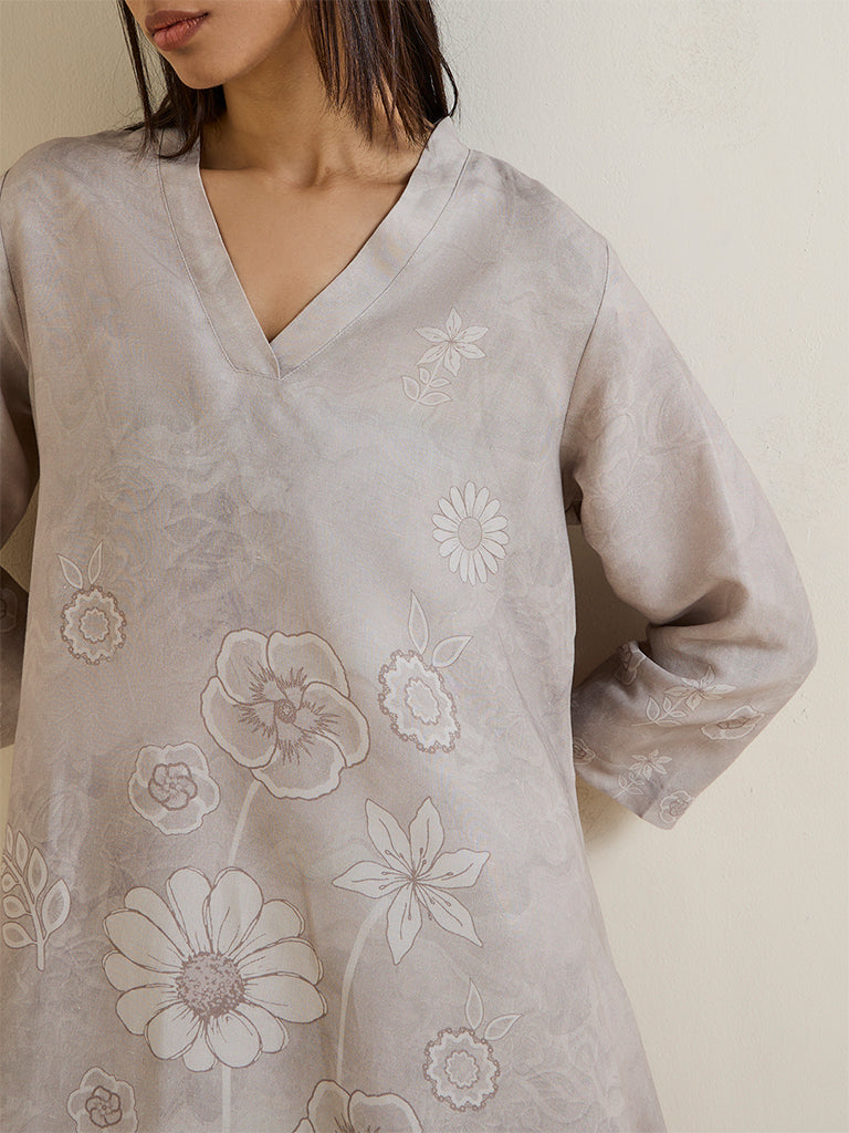 Zuba Light Beige Floral Printed A-Line Kurta