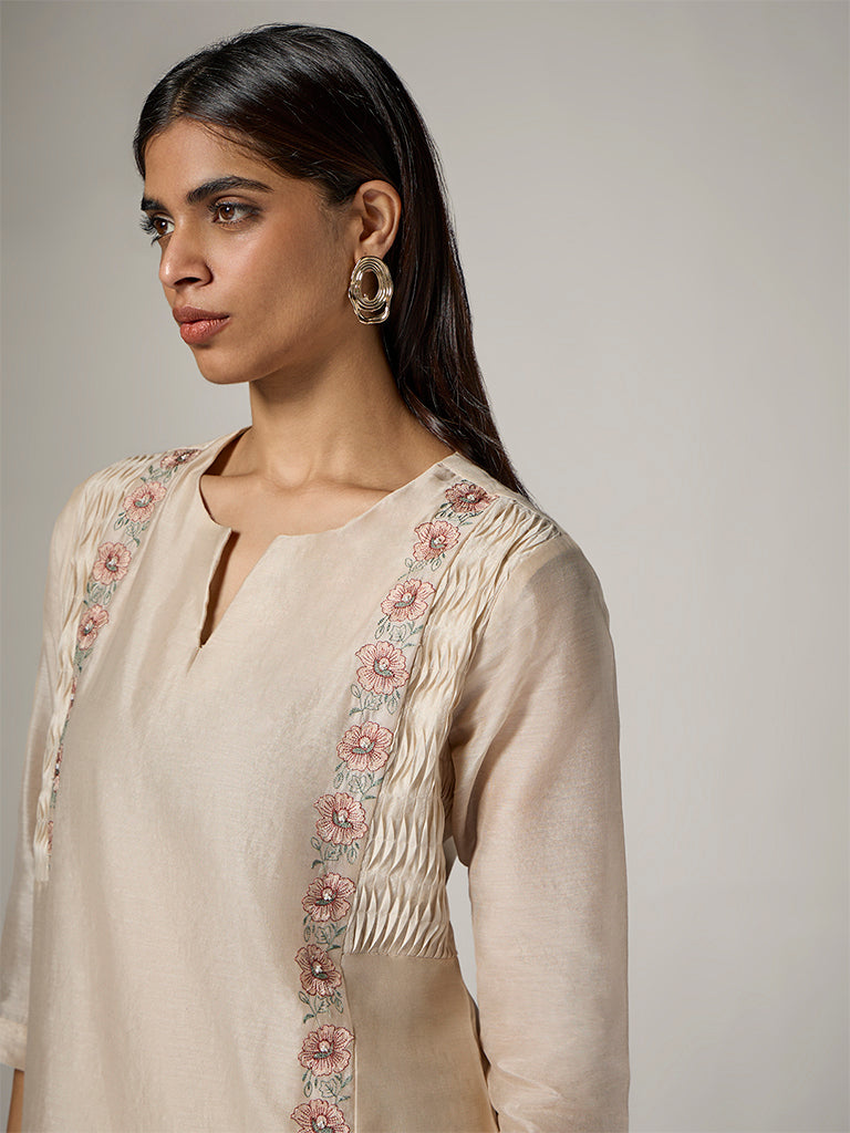 Zuba Off-White Floral Embroidered Silk Chanderi Cotton-Blend A-Line Kurta