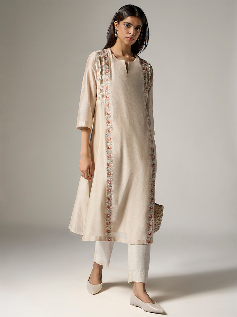 Zuba Off-White Floral Embroidered Silk Chanderi Cotton-Blend A-Line Kurta