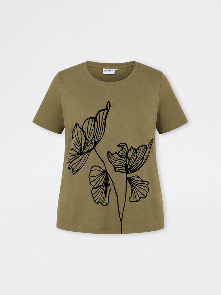Gia Olive Floral Design Cotton T-Shirt