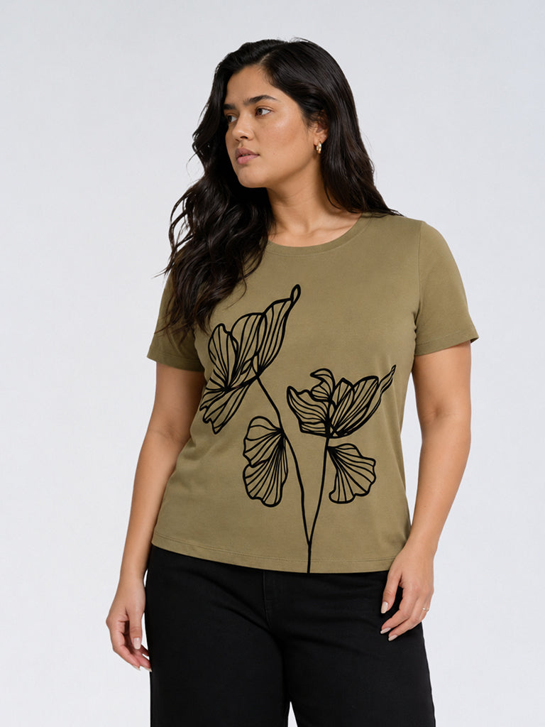 Gia Olive Floral Design Cotton T-Shirt