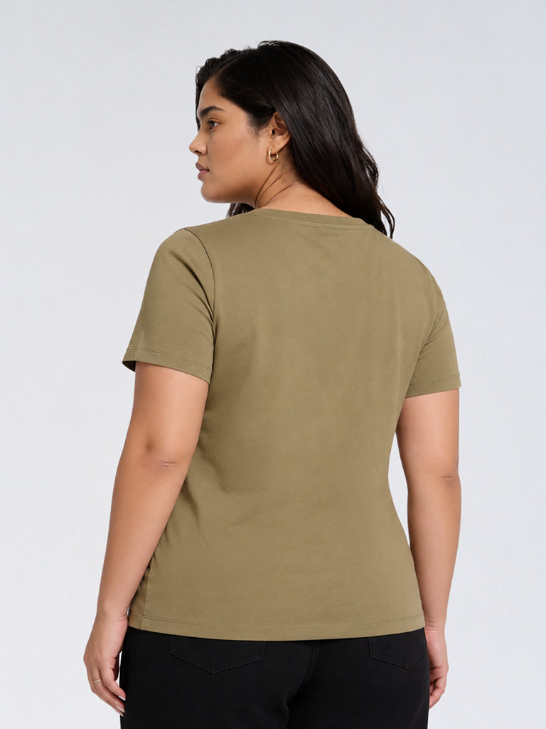 Gia Olive Floral Design Cotton T-Shirt