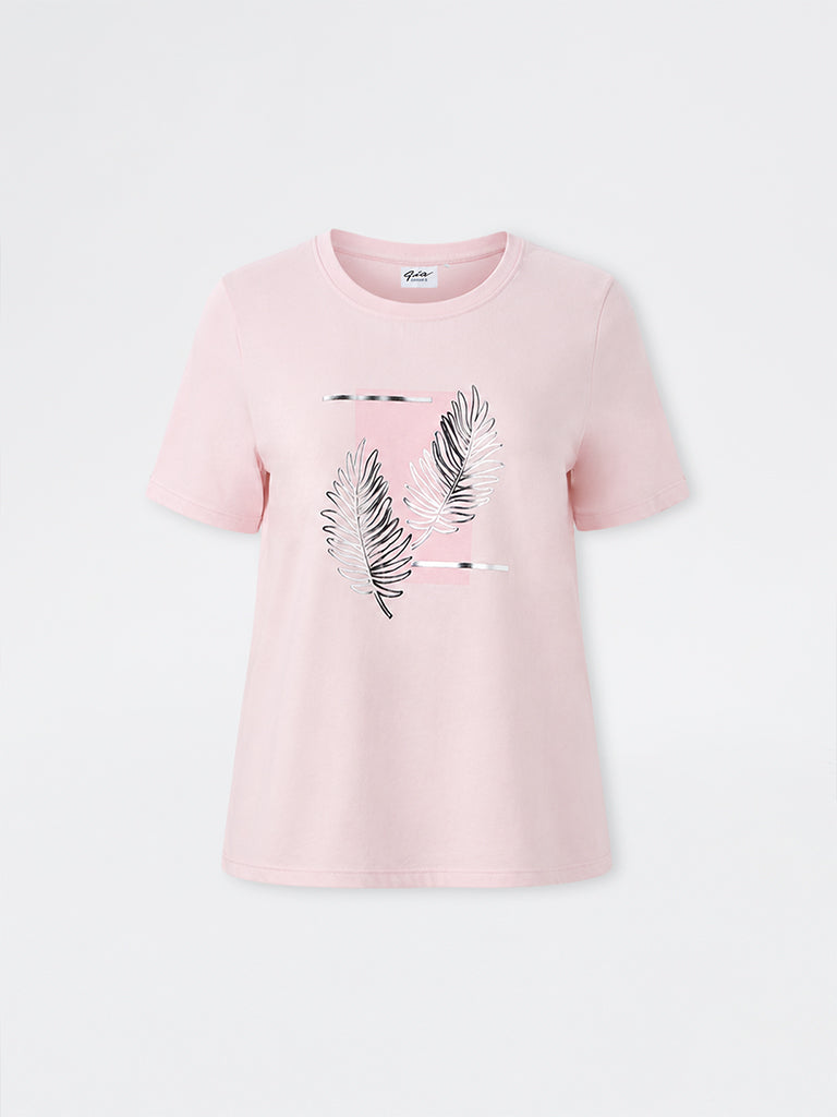 Gia Light Pink Botanical Pattern Cotton T-Shirt