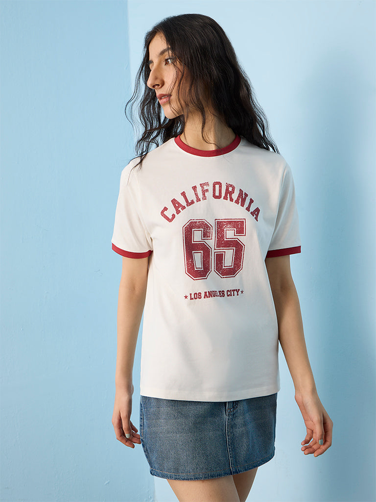 Nuon White Numerical Printed Cotton T-Shirt