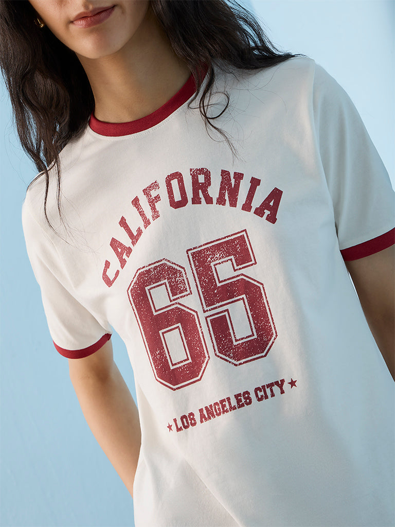 Nuon White Numerical Printed Cotton T-Shirt