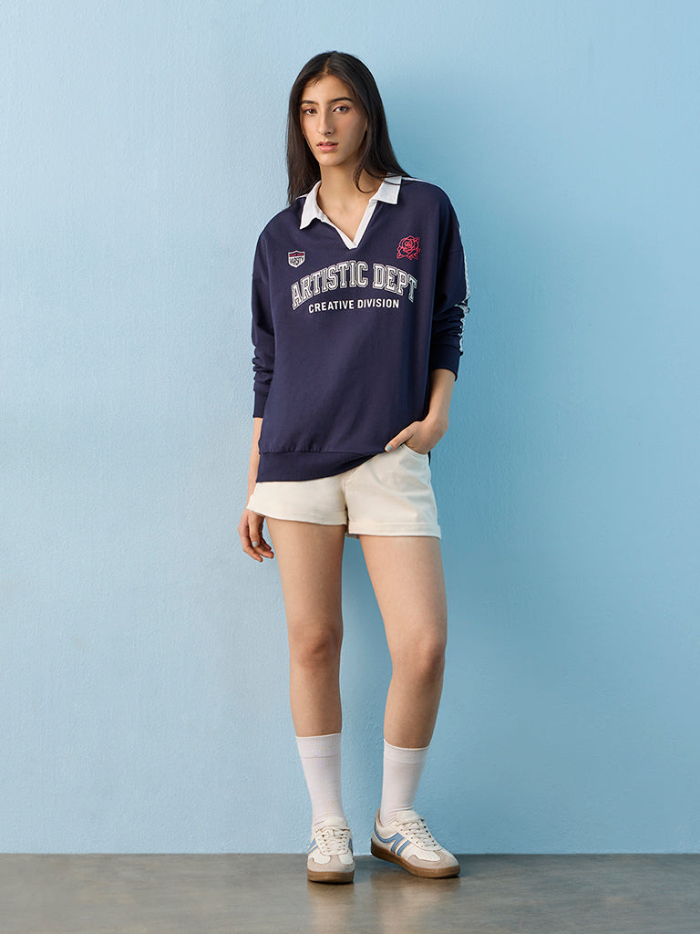 Nuon Navy Text-Printed T-Shirt