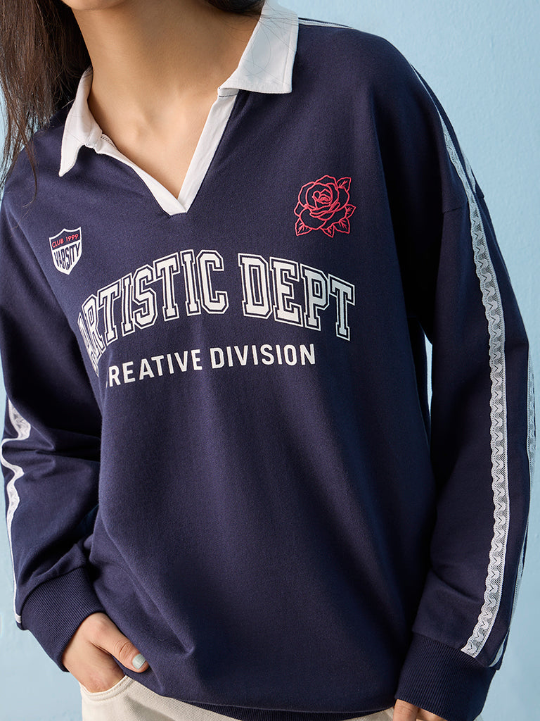 Nuon Navy Text-Printed T-Shirt