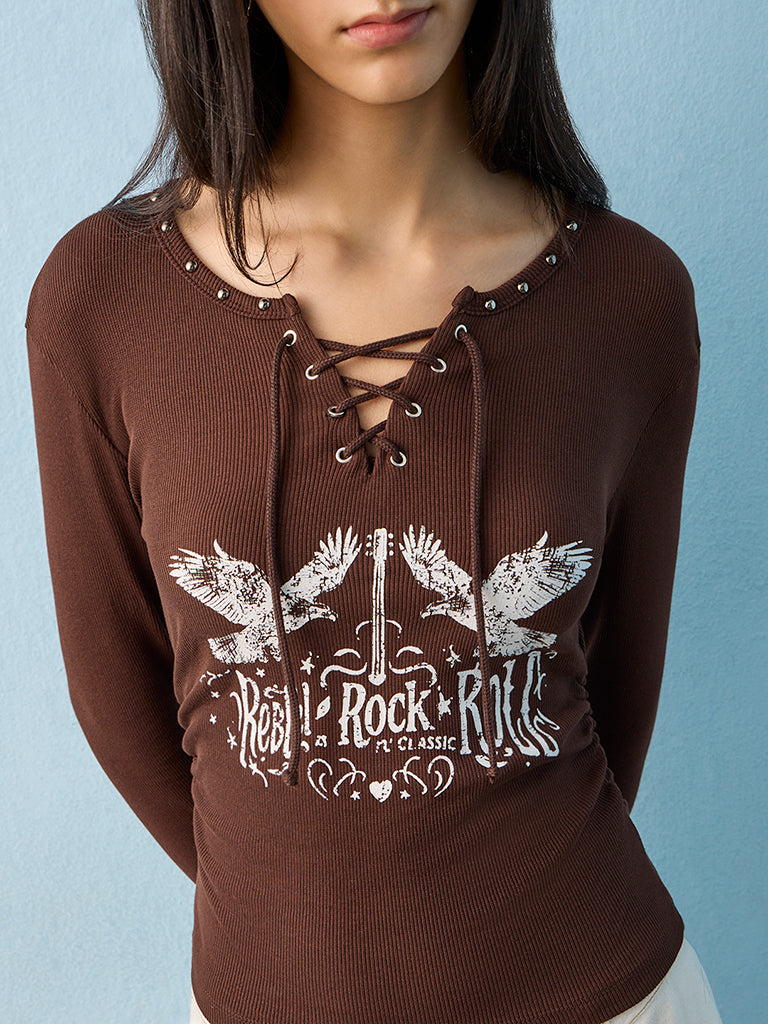 Nuon Dark Brown Graphic Printed Cotton Top