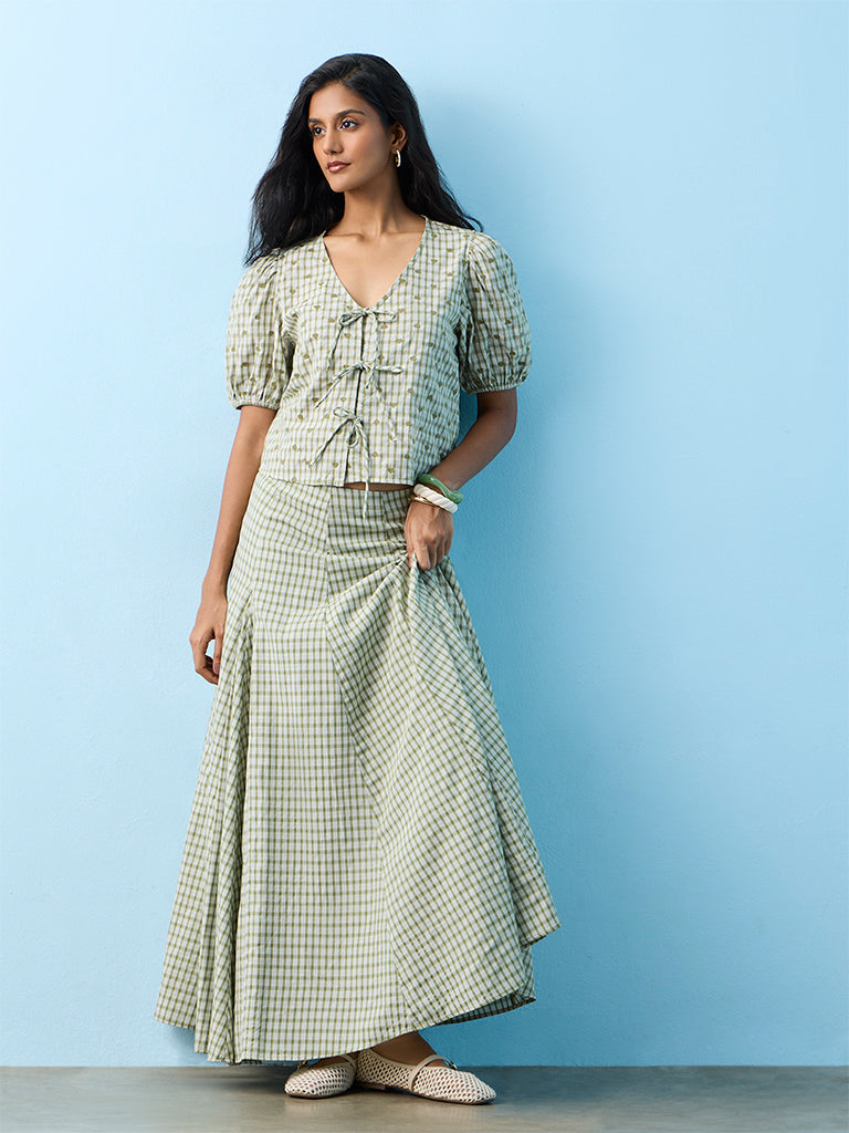 LOV Green Heart Embroidered Cotton-Blend Tie-Up Top