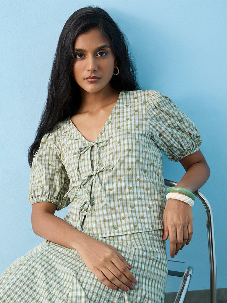LOV Green Heart Embroidered Cotton-Blend Tie-Up Top