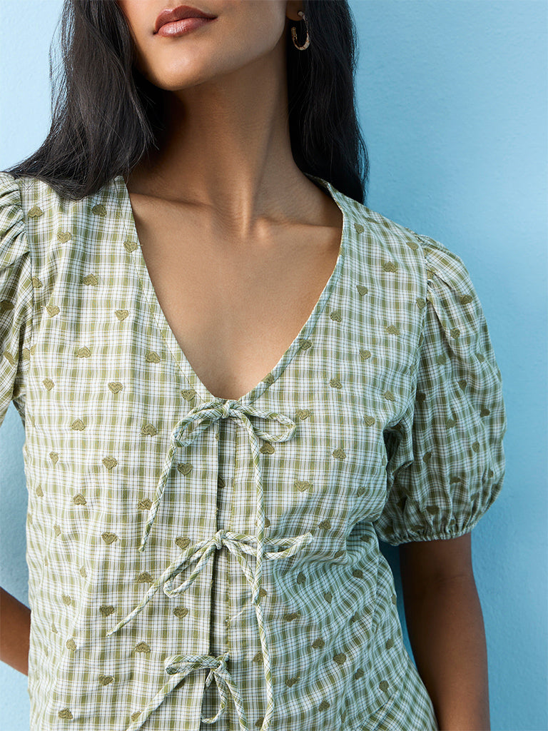 LOV Green Heart Embroidered Cotton-Blend Tie-Up Top
