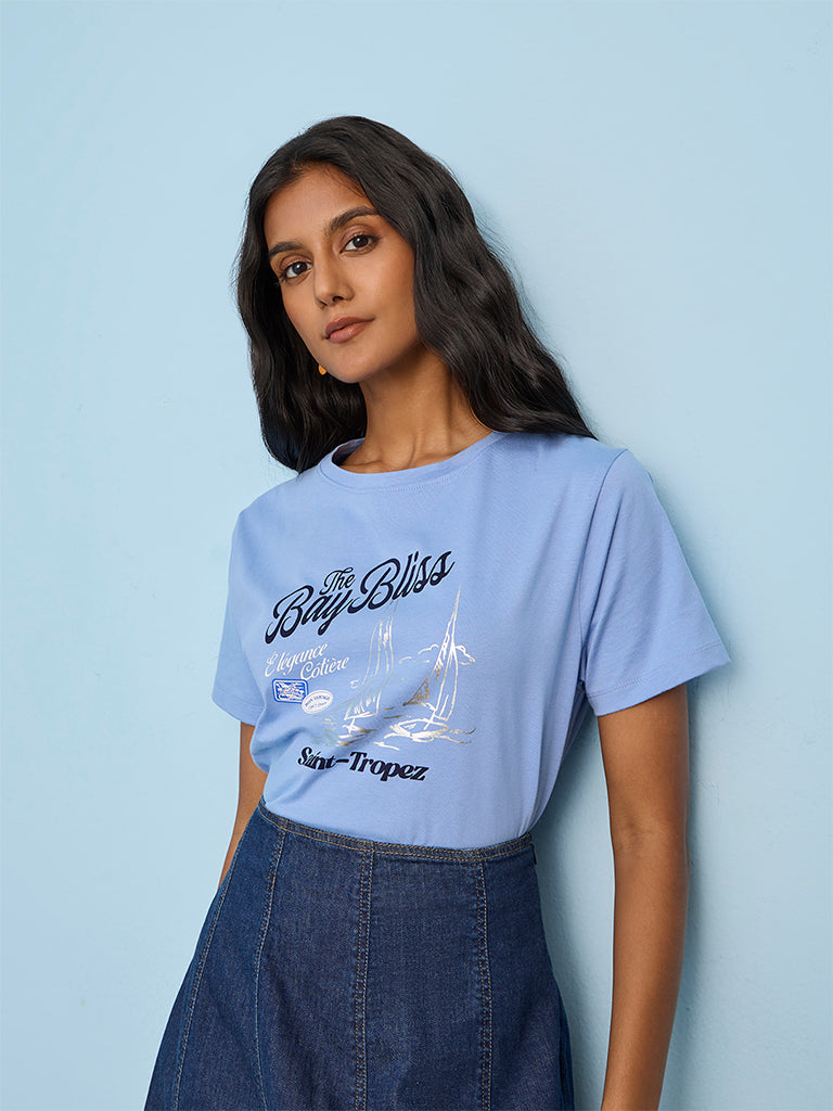 LOV Blue Printed Cotton T-Shirt